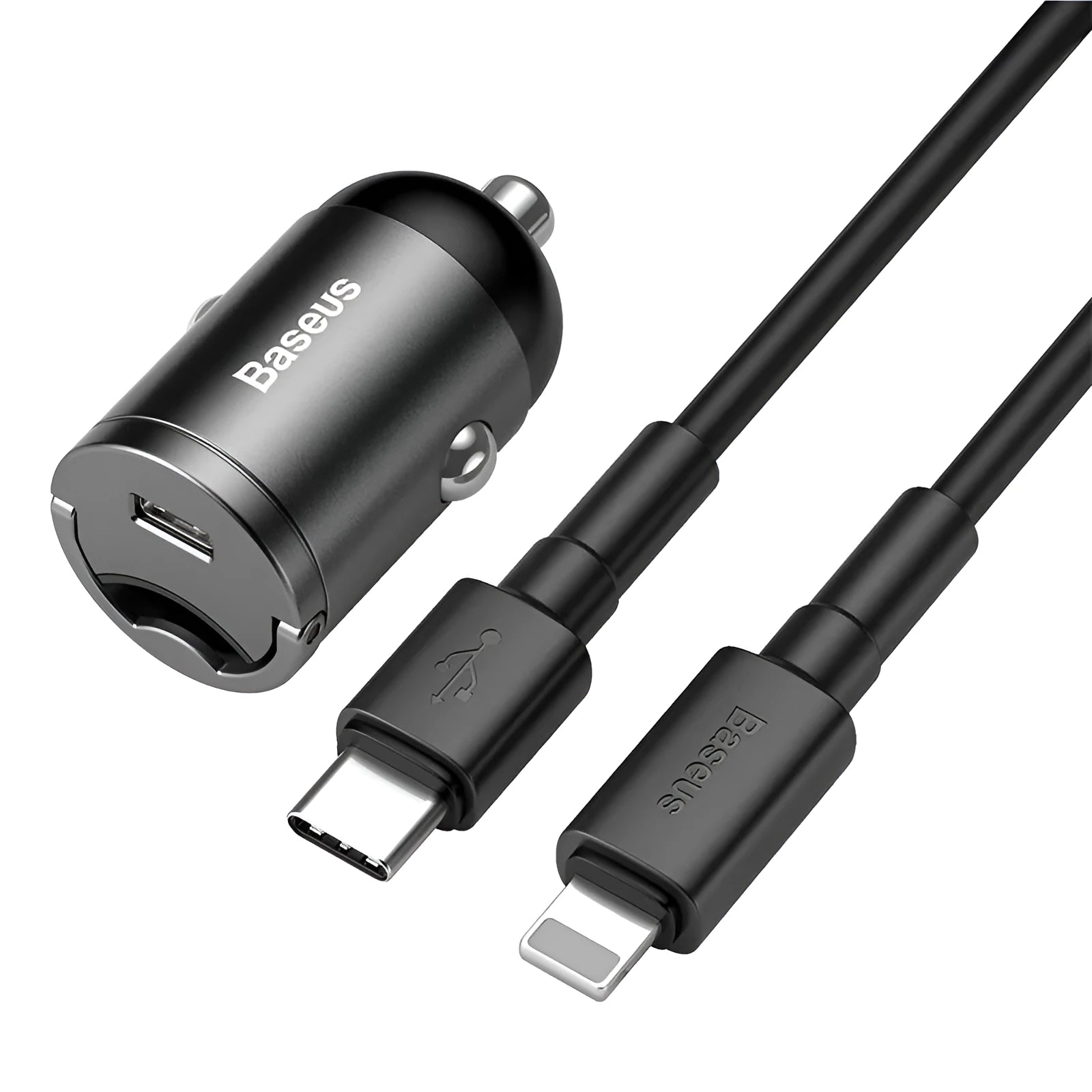 Baseus electro-optical grey mini car charger with single USB port and 1 metre cable.