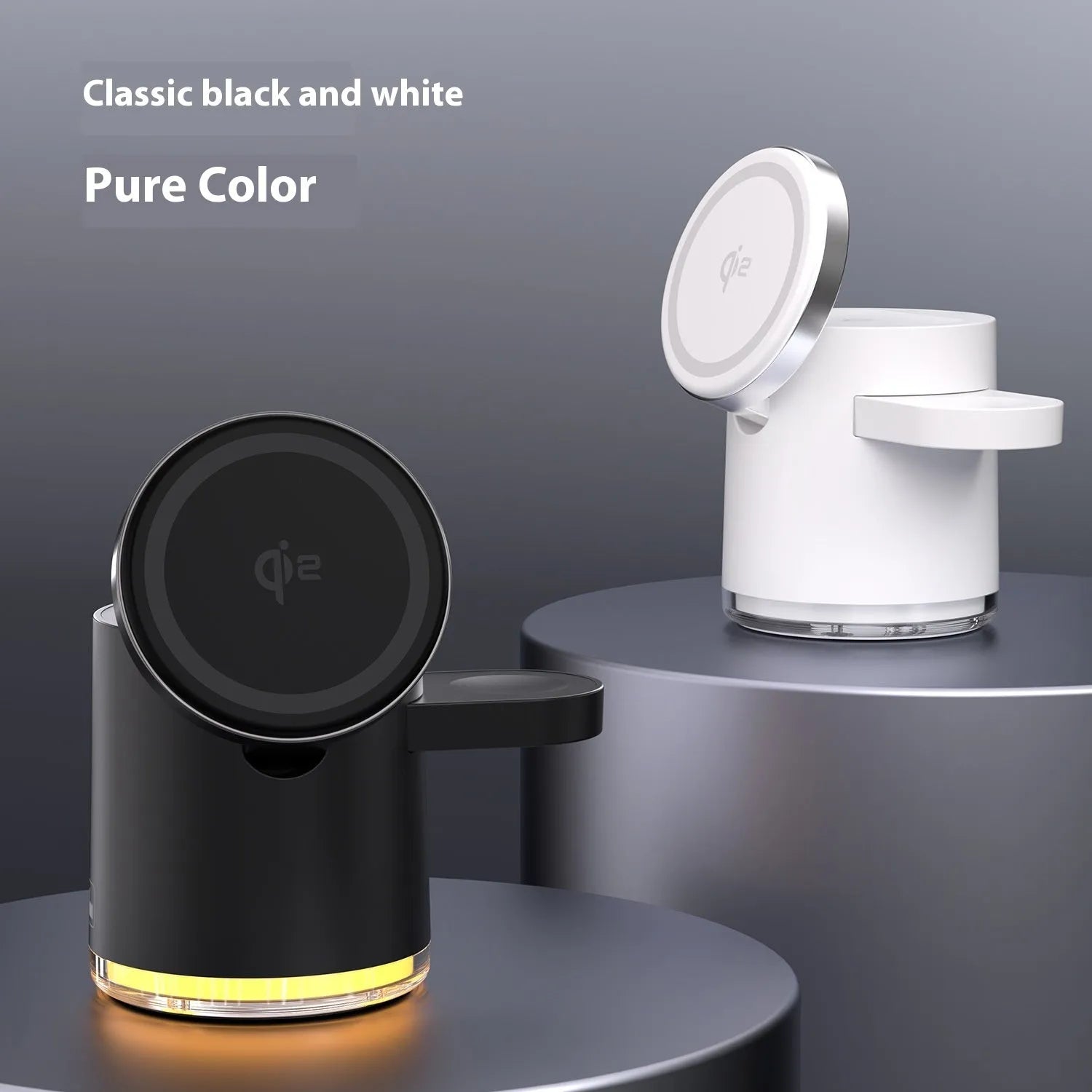 C16 magnetic folding three-in-one wireless charger showing ivory white and black versions