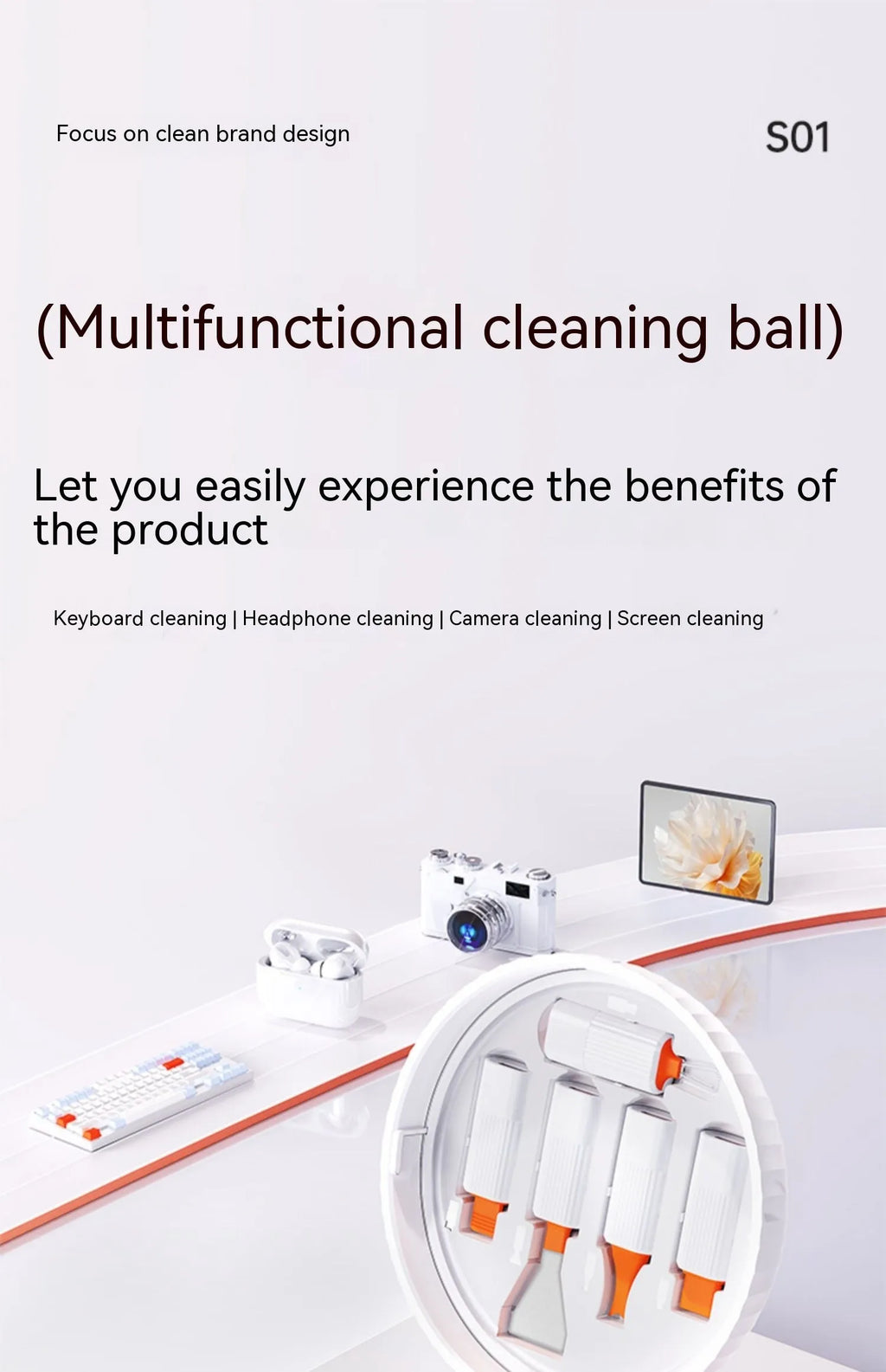 Multi functional cleaning set 93mm with ABS sponge fibre flannel silicone and 304 stainless steel for keyboards earphones cameras tablets