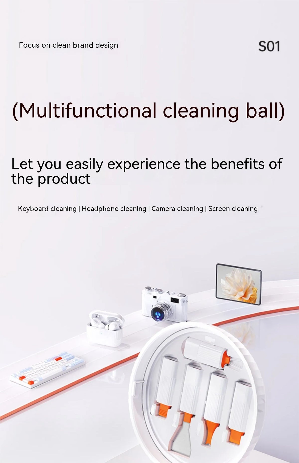 Multi functional cleaning set 93mm with ABS sponge fibre flannel silicone and 304 stainless steel for keyboards earphones cameras tablets