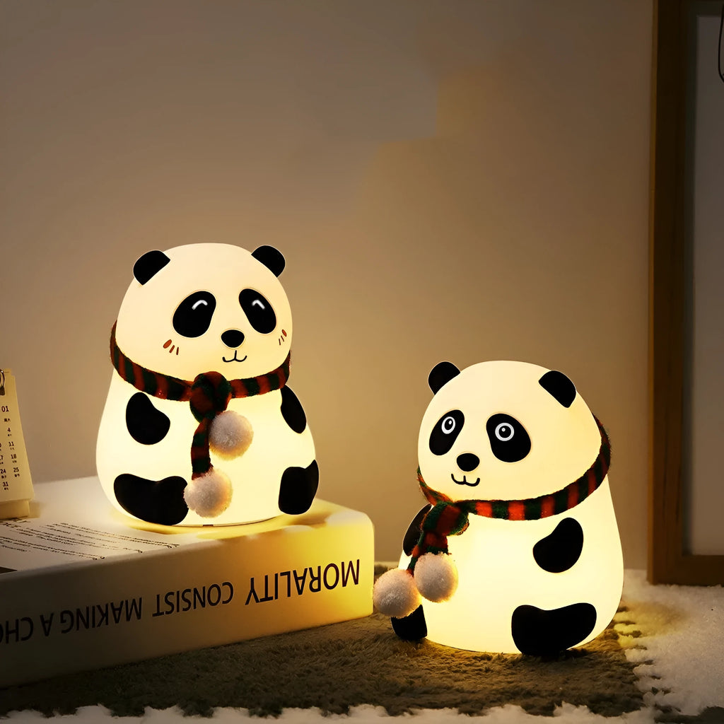 Panda-shaped silicone night light with plated decorative details and USB charging cable