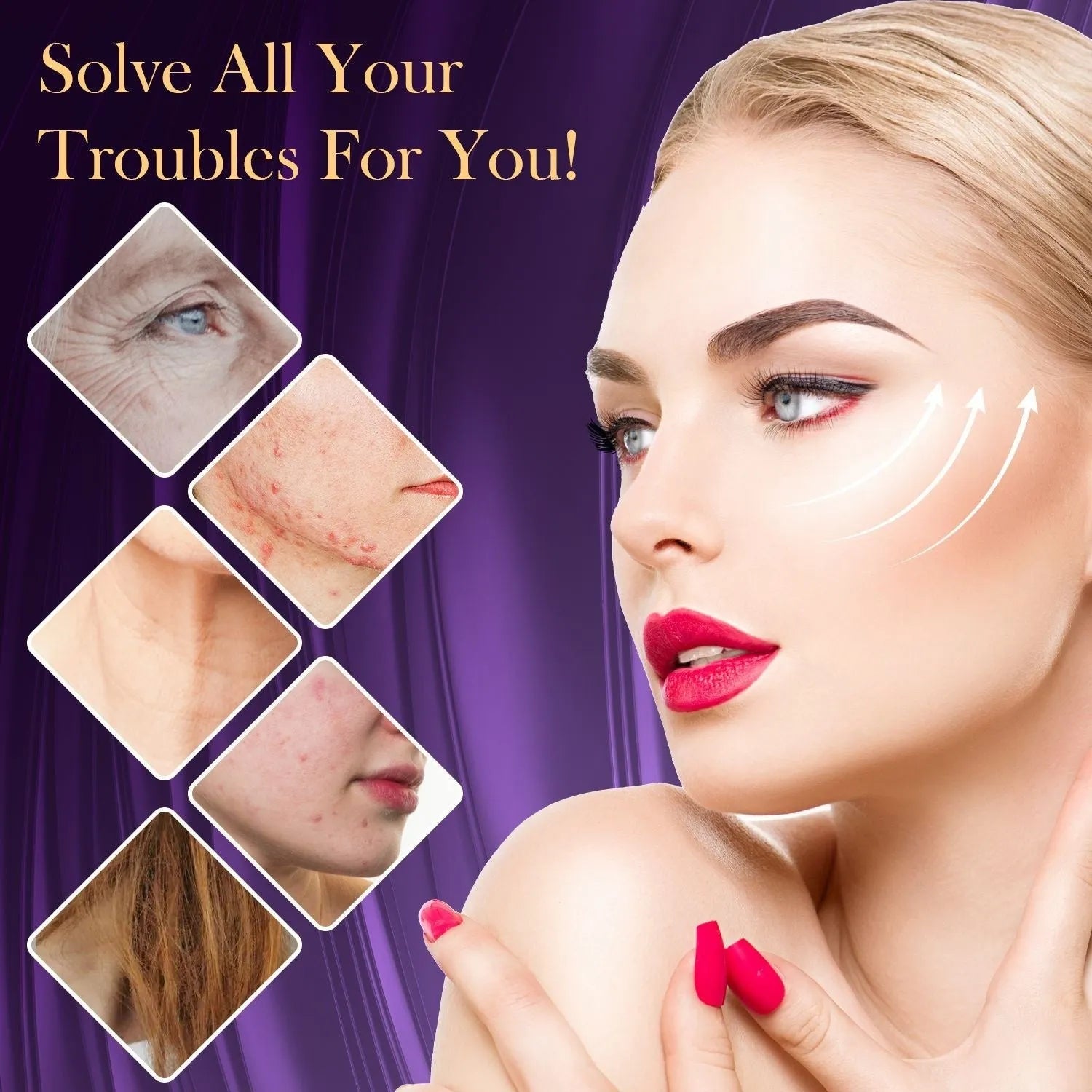 Purple high wave electrotherapy rod with six accessory heads for skin rejuvenation treatments