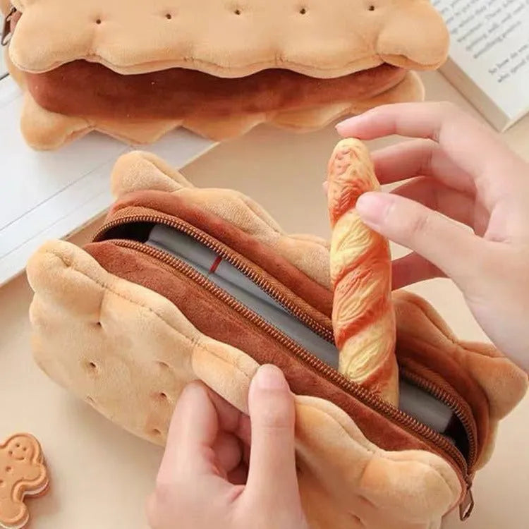 Plush pencil bag with cartoon sandwich biscuit design and cookie coin purse option