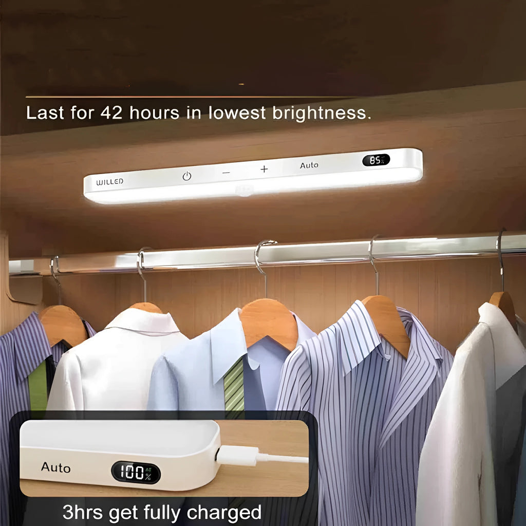 White motion sensor cabinet light with battery display screen, available in 1m to 5m lengths for household use