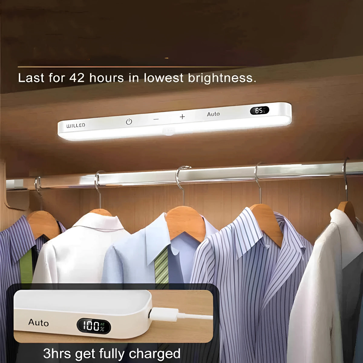 White motion sensor cabinet light with battery display screen, available in 1m to 5m lengths for household use