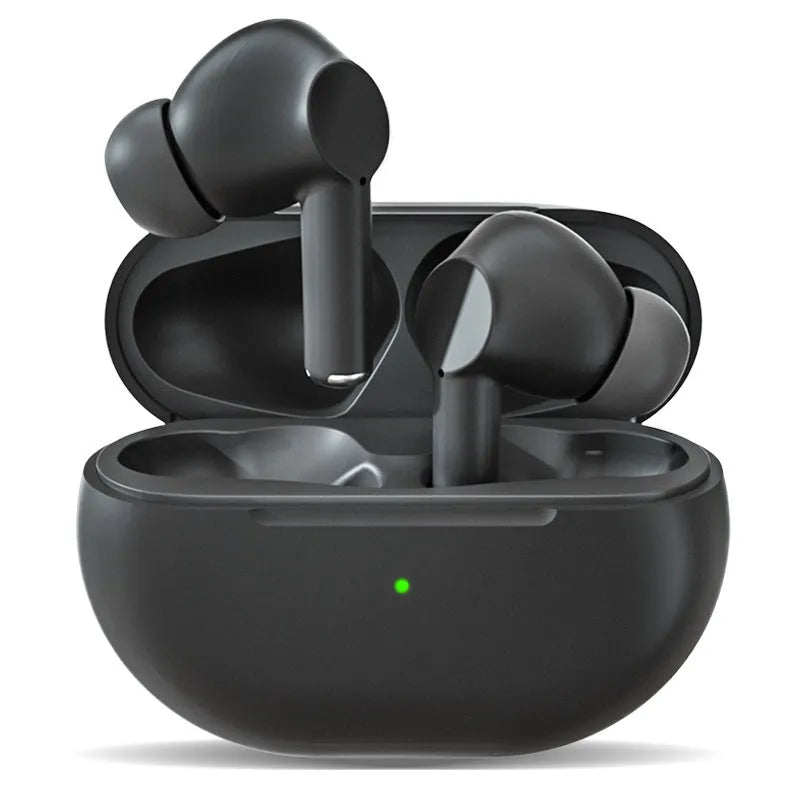 Black and white Pro4 Bluetooth wireless earbuds with their compact charging case on a table.