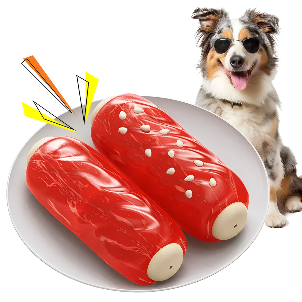 Primary colour plastic molar rod dog chew toy and treat dispenser.