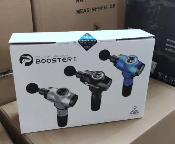 Black and white muscle relaxation massager with lithium battery showing 1800-3200r/min speed and 12mm stroke specifications