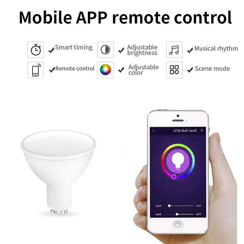 Smart RGBCCT GU10 spotlight bulb with WiFi control and colour temperature adjustment