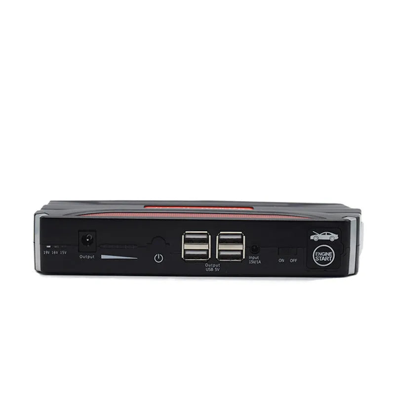 Black and red 12V vehicle emergency jump starter power supply unit with 7800mAh capacity.