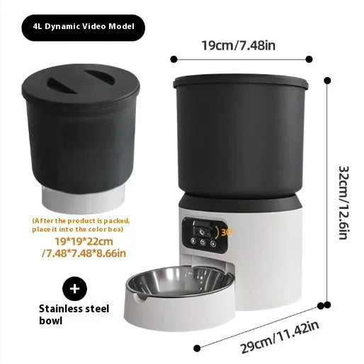 White 4L smart pet feeder with app control and optional camera on a kitchen floor.
