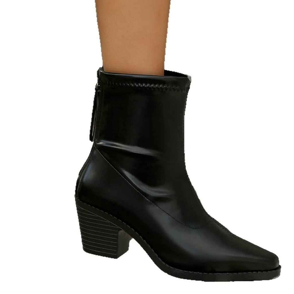 Pointed toe chunky heel Martin boots in black with cotton lining and rubber sole