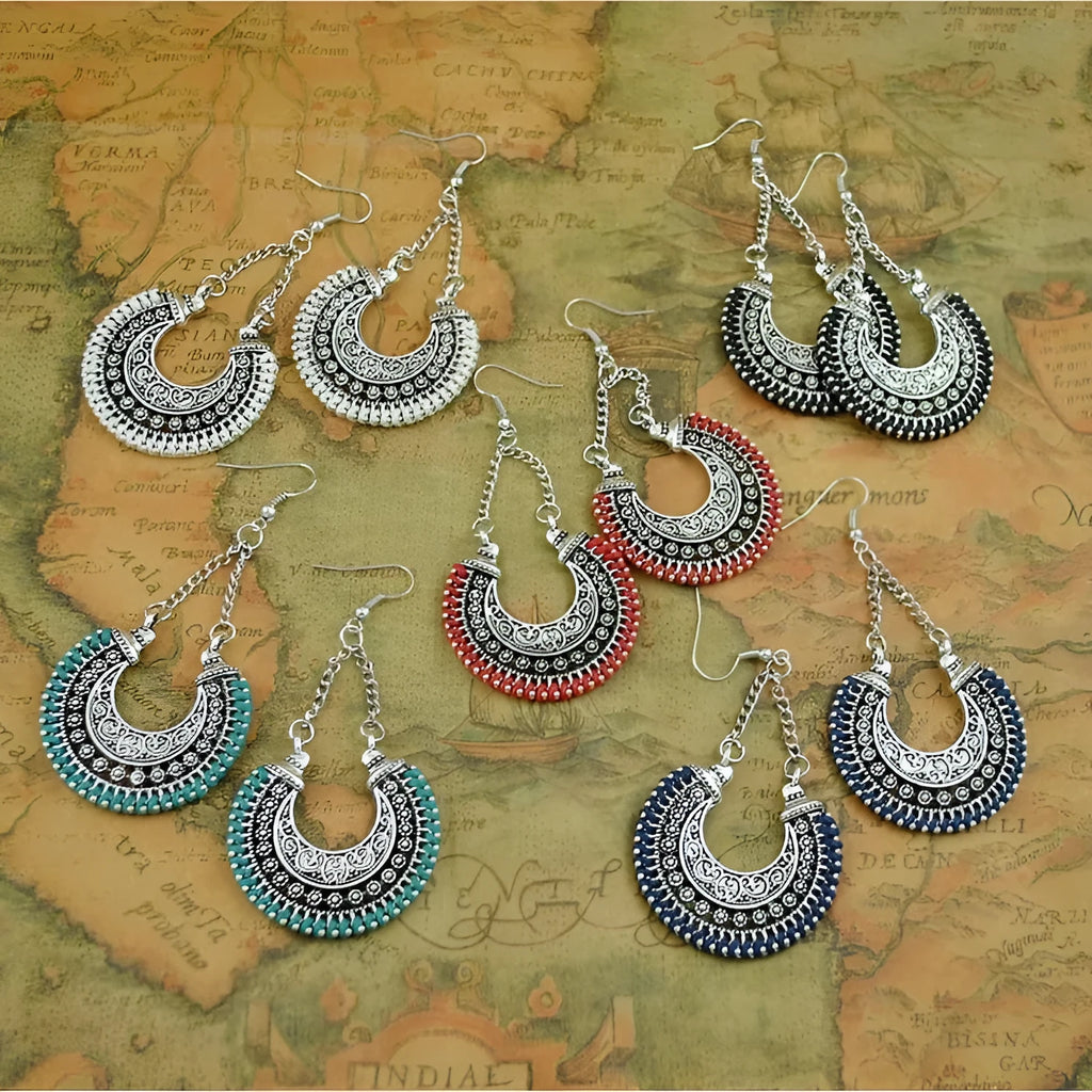 Bohemian vintage alloy and rope U-shaped drop earrings with hollow carved meniscus flower basket design, 5.8cm length, 3.8cm width