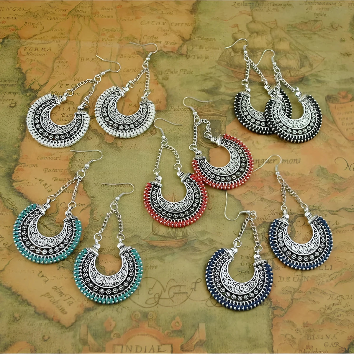 Bohemian vintage alloy and rope U-shaped drop earrings with hollow carved meniscus flower basket design, 5.8cm length, 3.8cm width