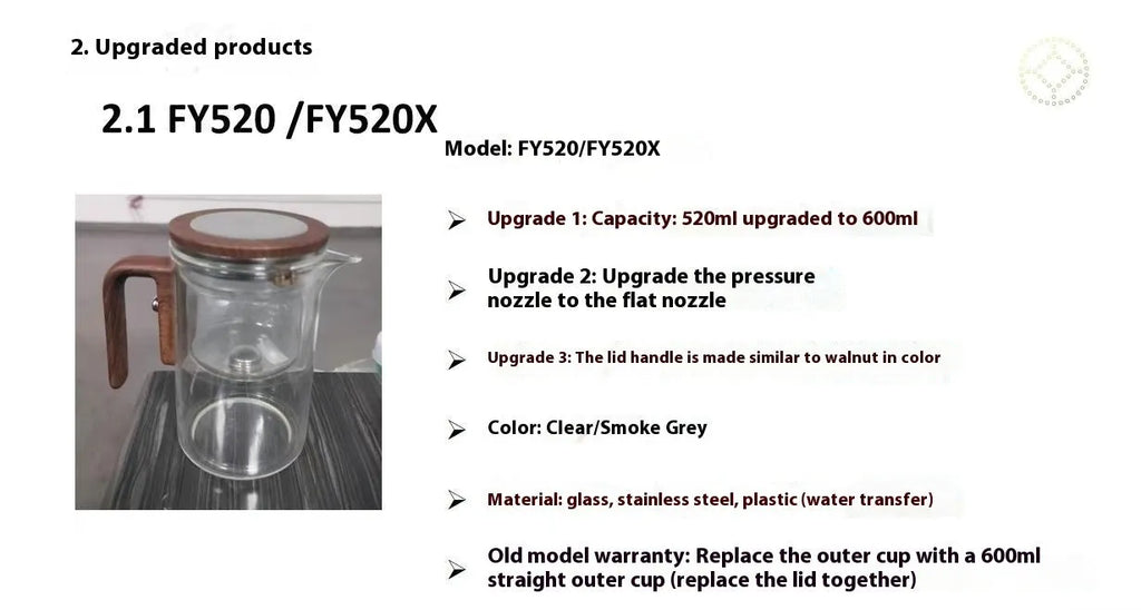 Glass teapot with wooden handle showing magnetic separation button and inner filter basket.