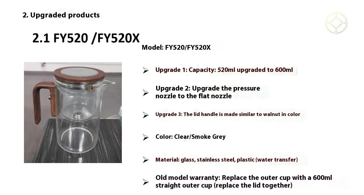 Glass teapot with wooden handle showing magnetic separation button and inner filter basket.