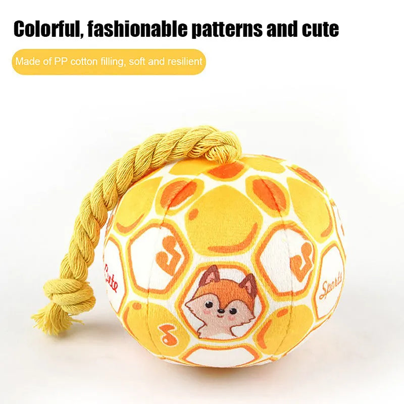 Blue and yellow cartoon elastic football dog toy made from plush cotton rope.