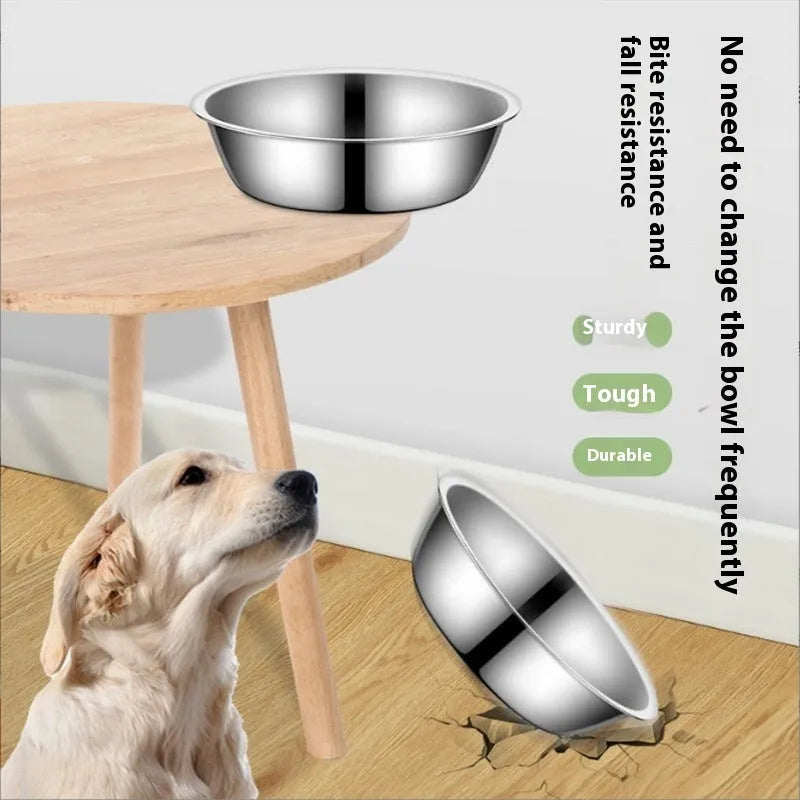 Stainless steel pet food bowl with grey silicone non-slip base, shown in multiple available sizes.