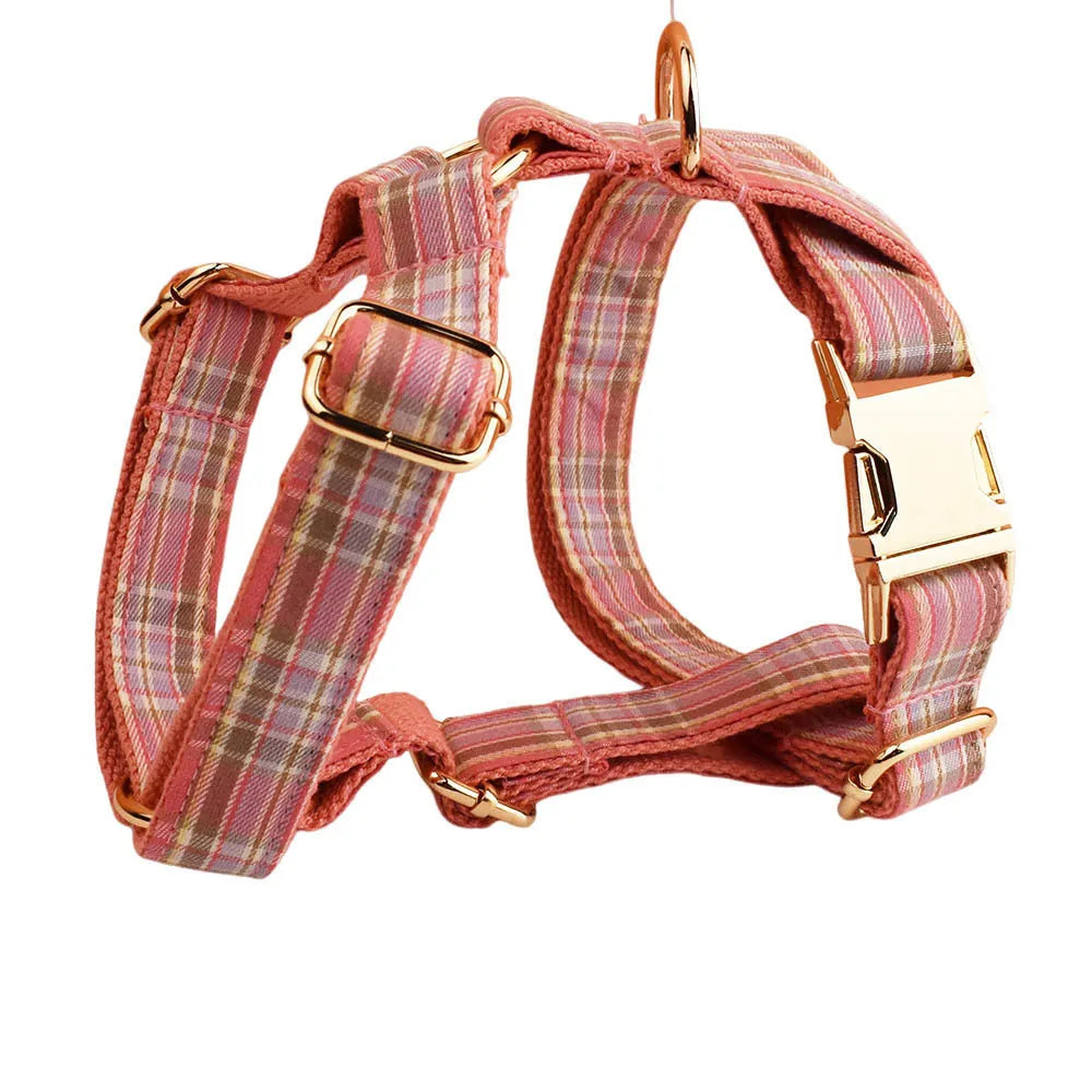 Plaid cloth dog collar traction rope set with vest and bow accessories in multiple colour options