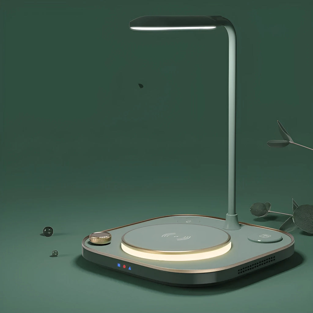 Black wireless magnetic charger with desk lamp showing 15W fast charging capability and Type-C cable