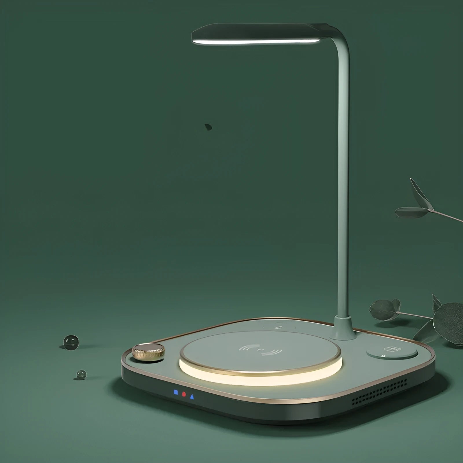Black wireless magnetic charger with desk lamp showing 15W fast charging capability and Type-C cable