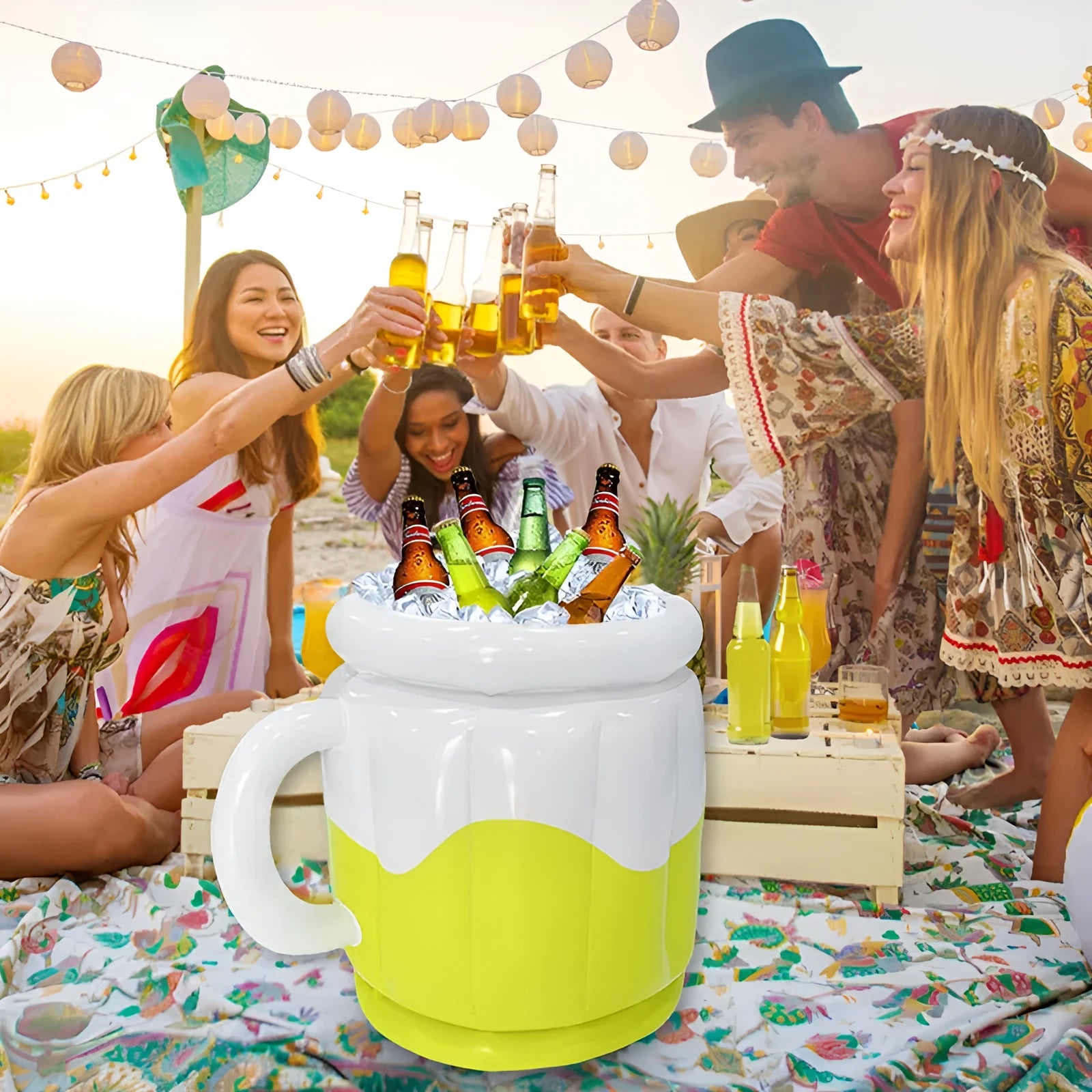 Yellow inflatable PVC ice bucket for outdoor parties and beach use