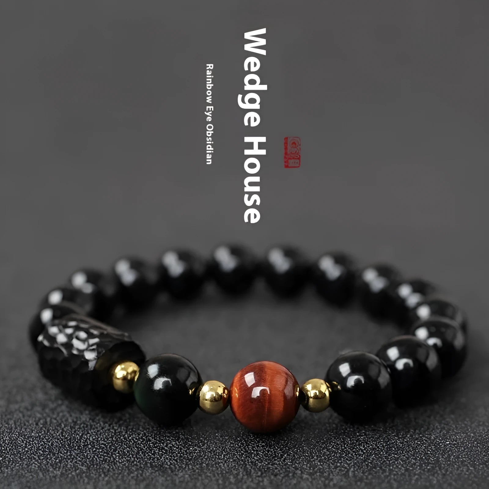 Obsidian bracelet with 10mm tiger eye beads in retro circle style for unisex couple jewellery