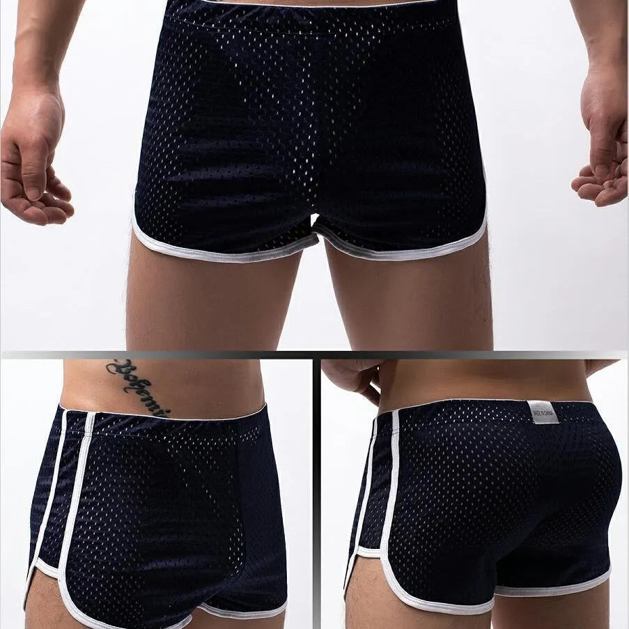 Men's cotton three-point boxer shorts in various colours on a size chart