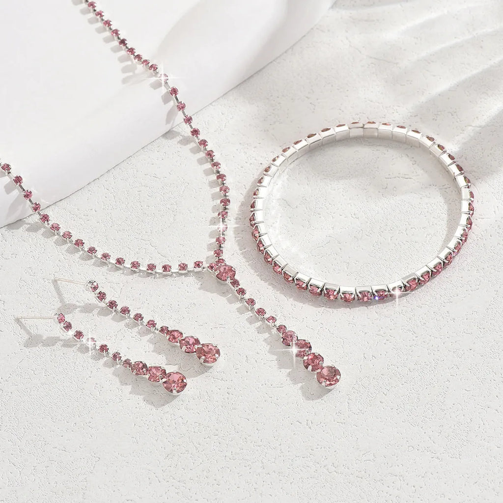 Women's three-piece rhinestone heart pendant wedding jewellery set with snake bone chain and elastic bracelet