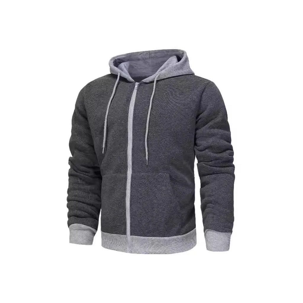 Man wearing a black zip-up hooded cardigan with a contrasting grey hood and wool lining.