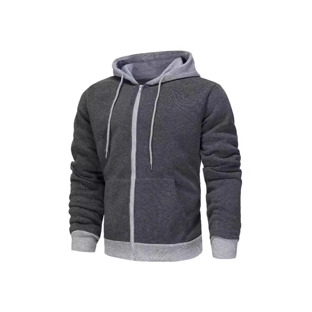 Man wearing a black zip-up hooded cardigan with a contrasting grey hood and wool lining.