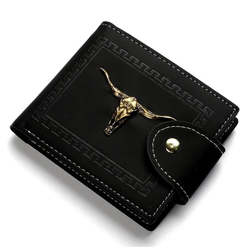 Black PU leather men's wallet with animal pattern, zipper closure, and multiple card slots