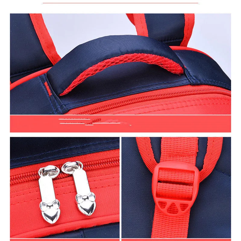 Blue children's school backpack with anime cartoon print, showing front pocket and shoulder straps.