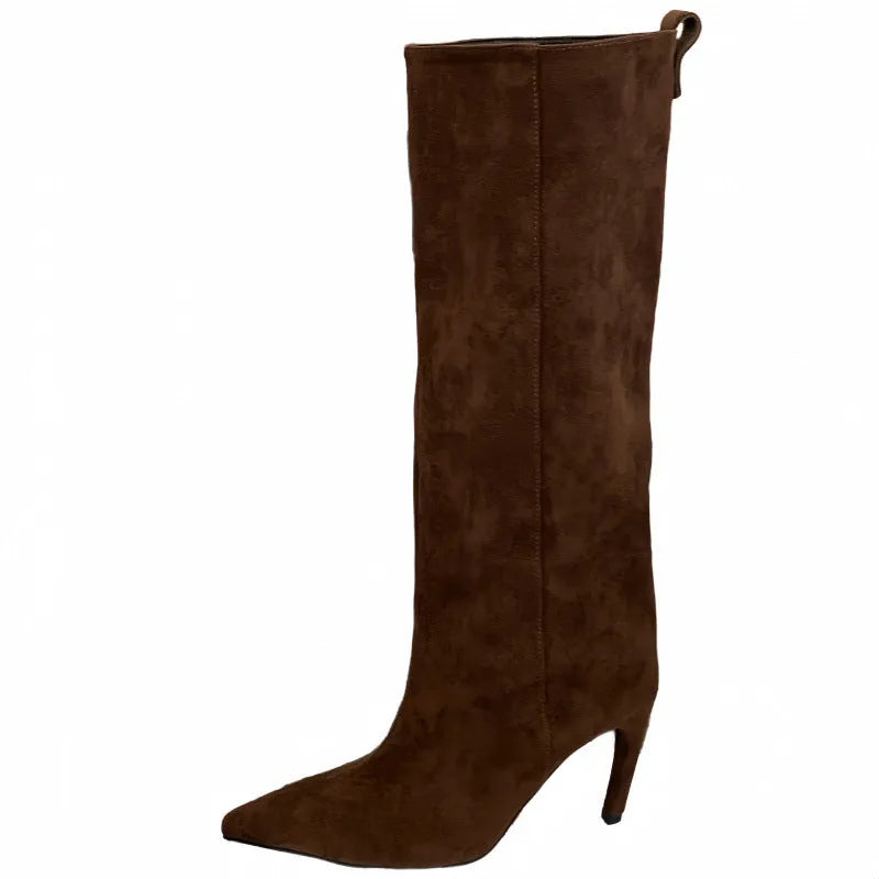 Women's European style pointed high boots in apricot satin with stiletto heel and high shaft