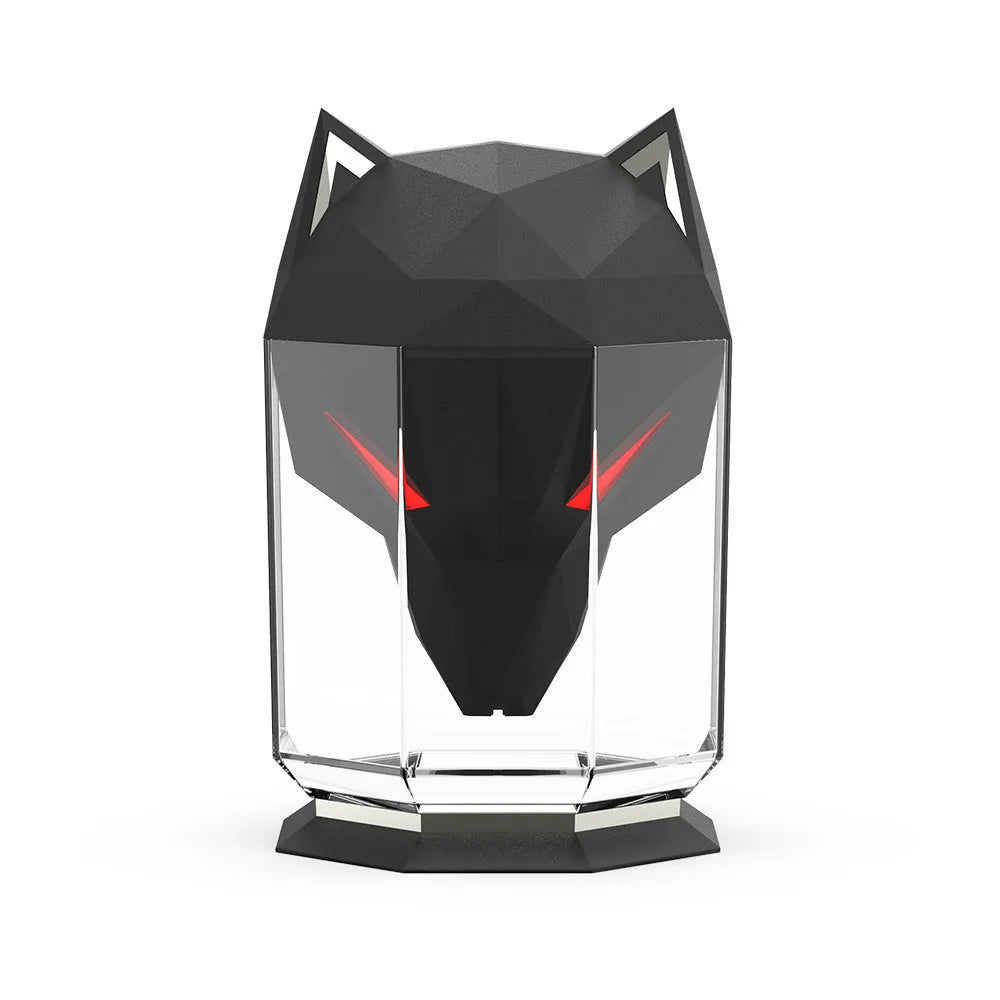 Black and white desktop humidifier with colourful lights and USB cable