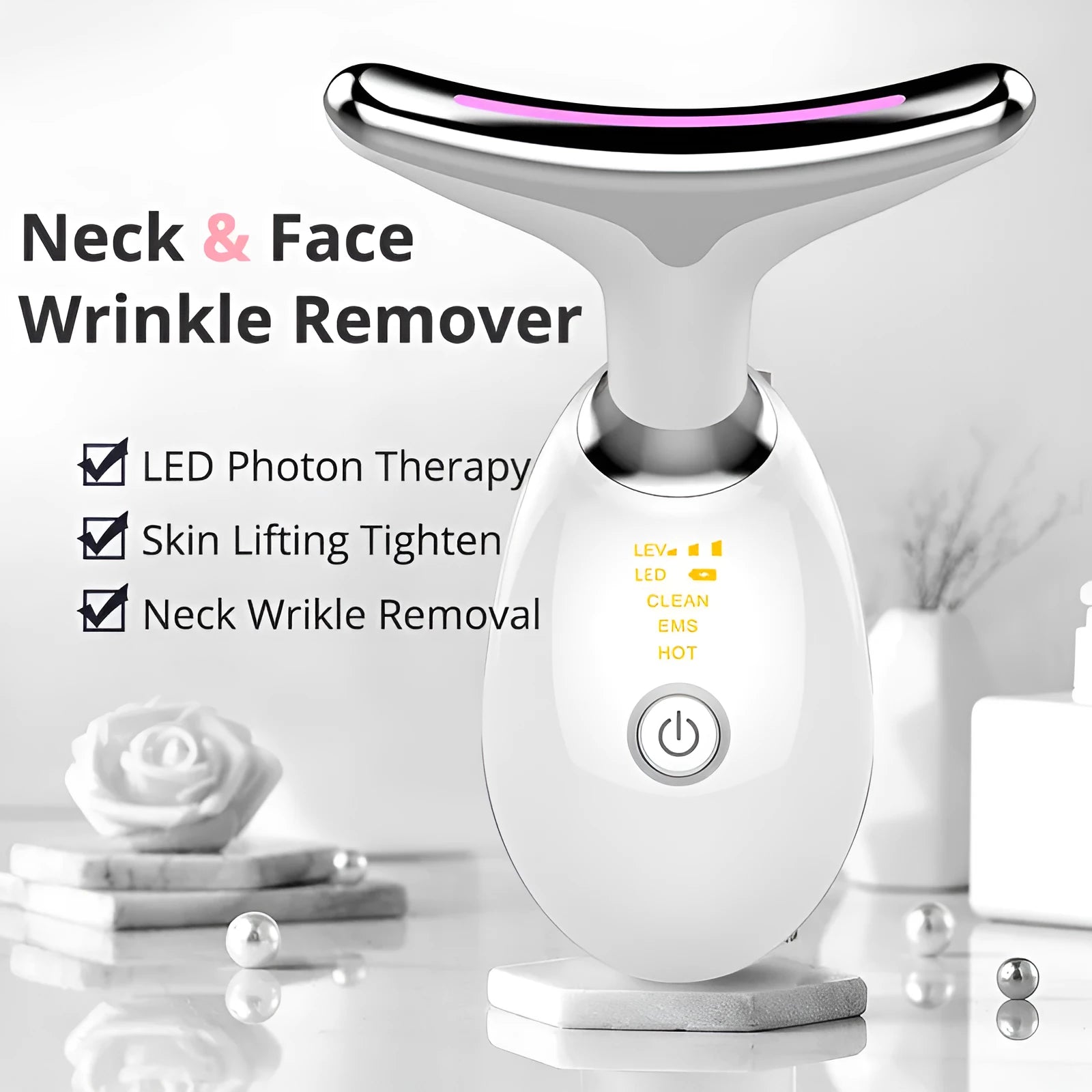 Black silver electric neck massager device with LED lights showing EMS microcurrent and thermal functions