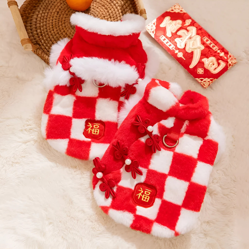 Red and white checkered plush pet vest with Qipao knot buttons and golden Fu embroidery for Chinese New Year