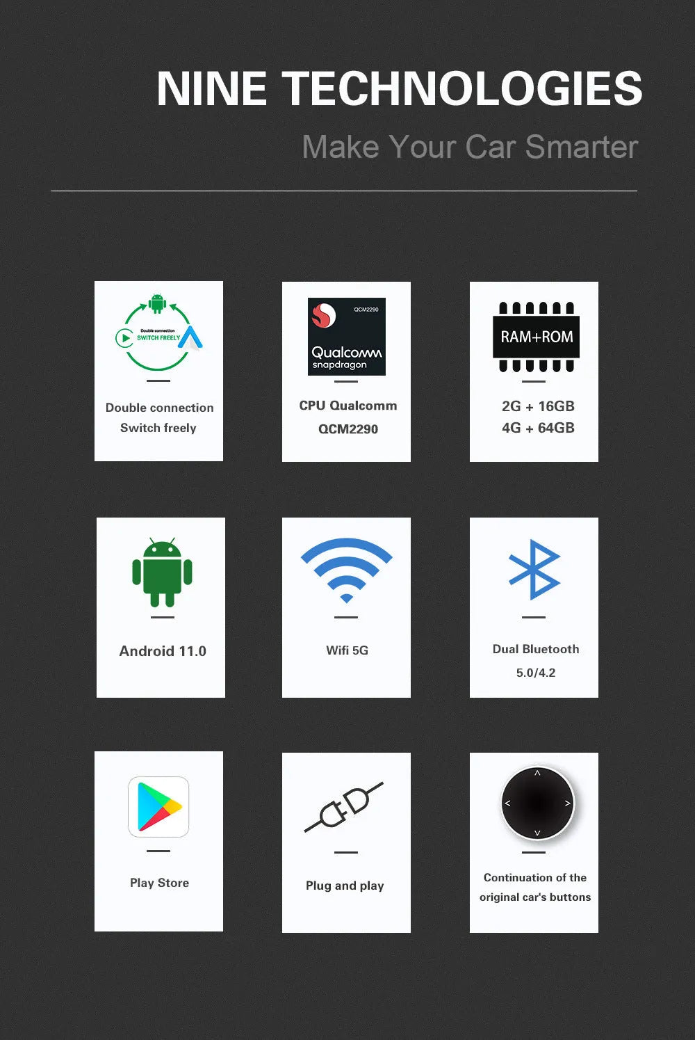 Android 11 wireless car smart box upgrade unit with ABS plastic casing showing dimensions
