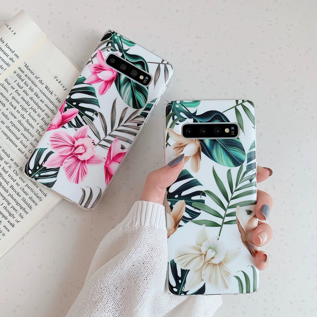 Samsung phone case with green leaf flower design on TPU back cover for Galaxy S10 S20 A51 Note10 models