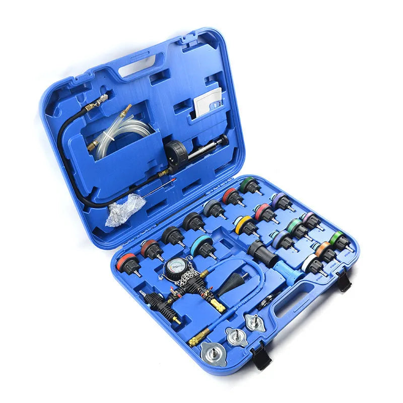 28-piece automotive radiator pressure tester kit with vacuum purge and refill equipment