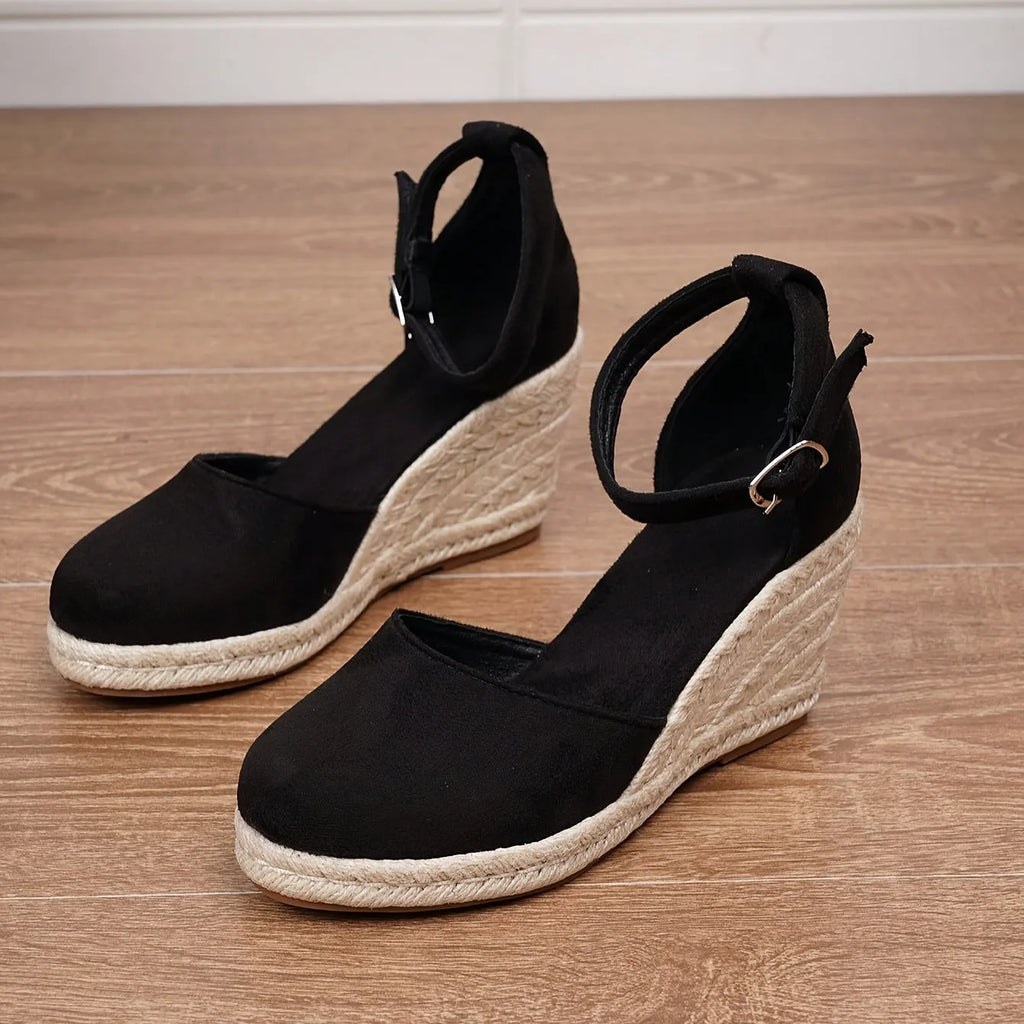 Women's apricot Roman-style canvas wedge sandals with suede upper and buckle closure