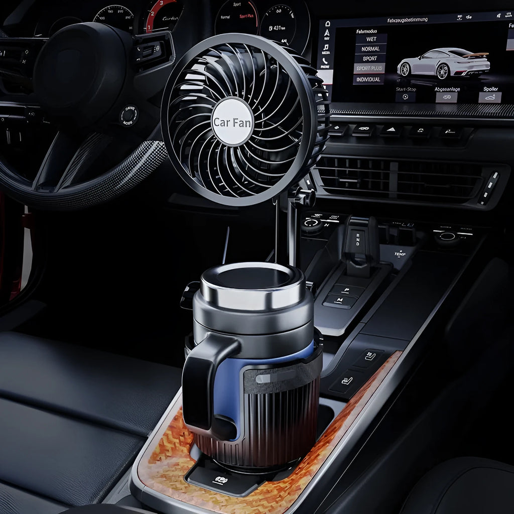 A portable fan with a base designed to fit into a car cup holder, with power cable for 12V, 24V, or USB connection.