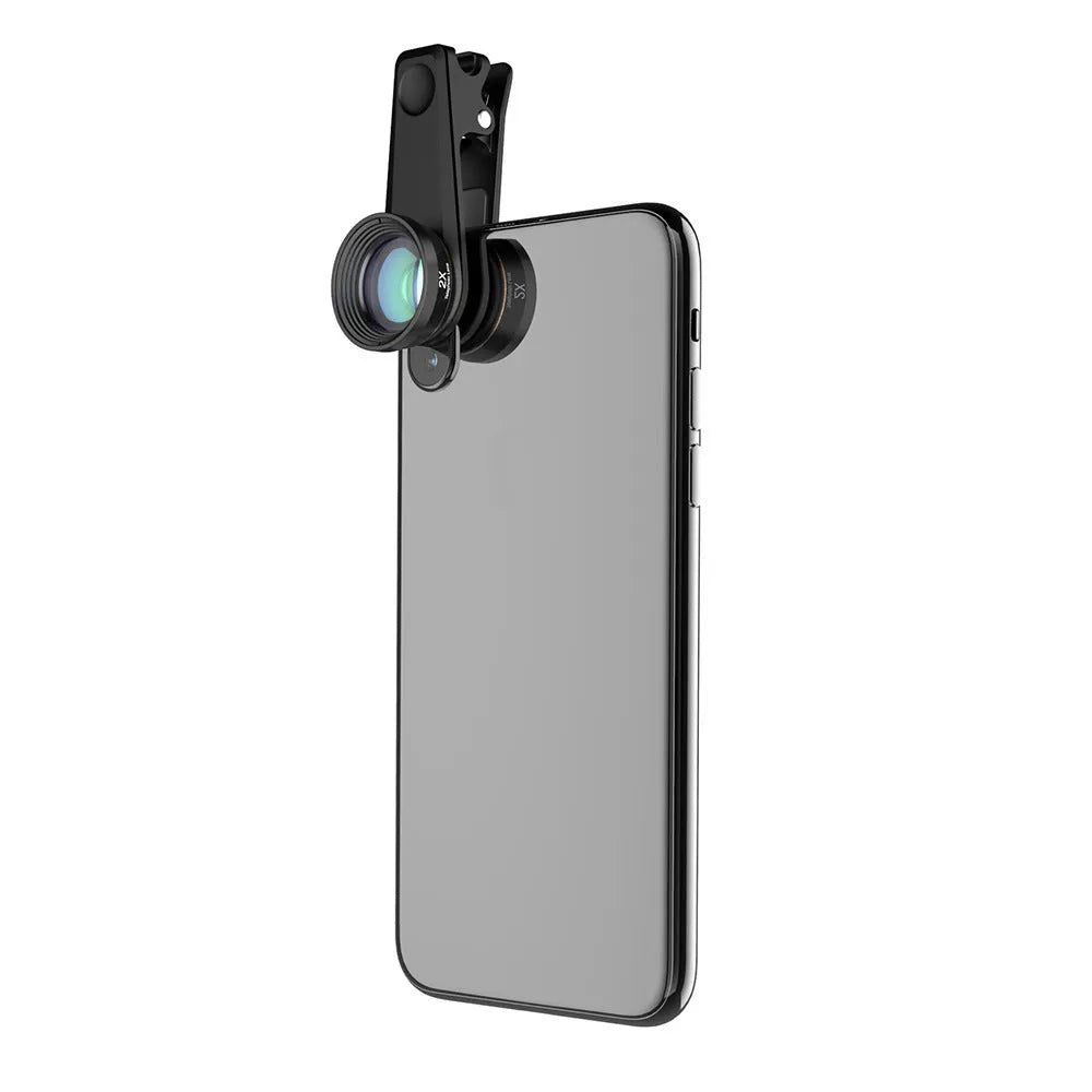 Black universal smartphone lens kit with six detachable lenses including fisheye, macro, and telephoto, shown with clip and case.