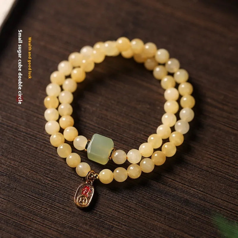 Hand-woven women's topaz bracelet with 6mm mantra barrel beads and square sugar jade pieces