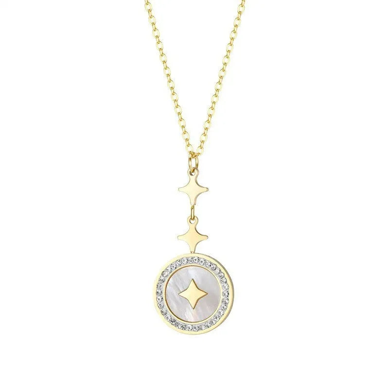 Close-up of a women's geometric six-pointed star titanium steel necklace on a model, showing rose gold and gold colour options.