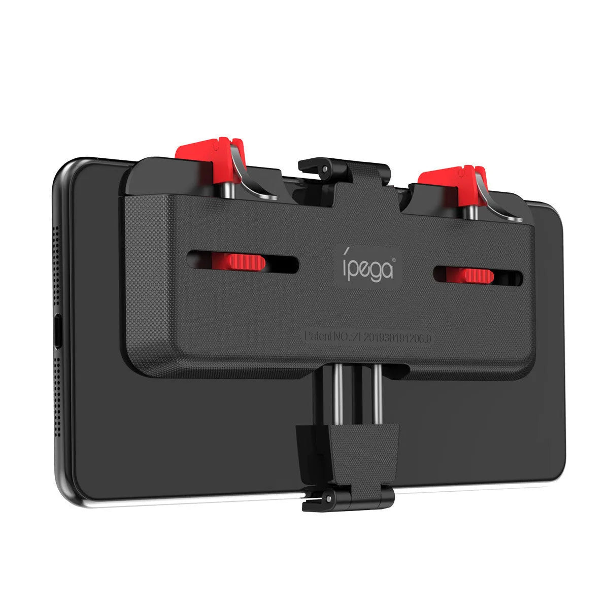 Black mobile phone game trigger stand with adjustable metal trigger and telescopic fixing clip