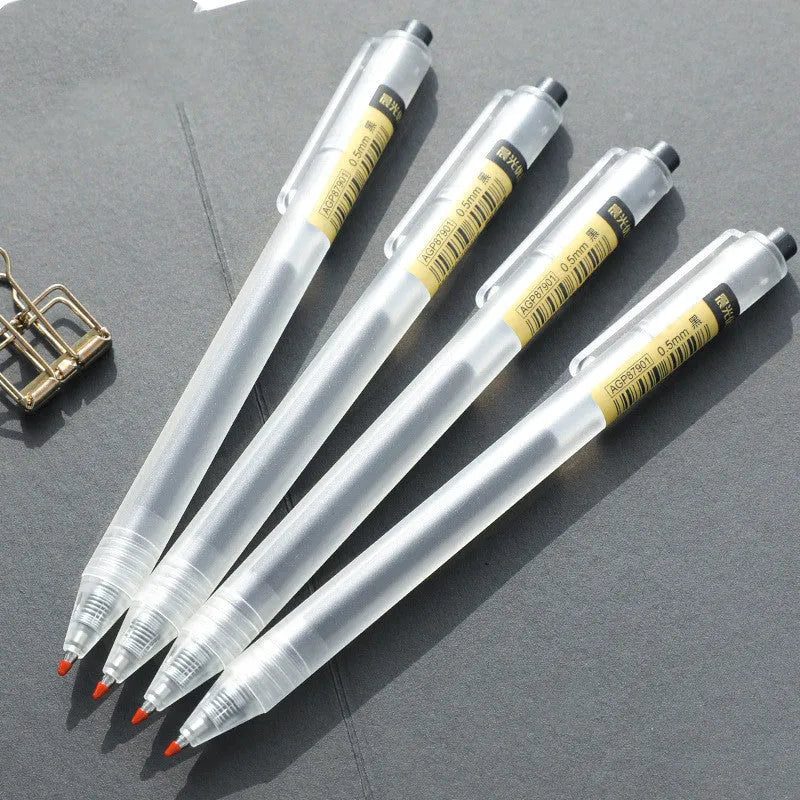 Set of twelve black matte finish retractable gel pens with 0.5mm tips and two spare refills.