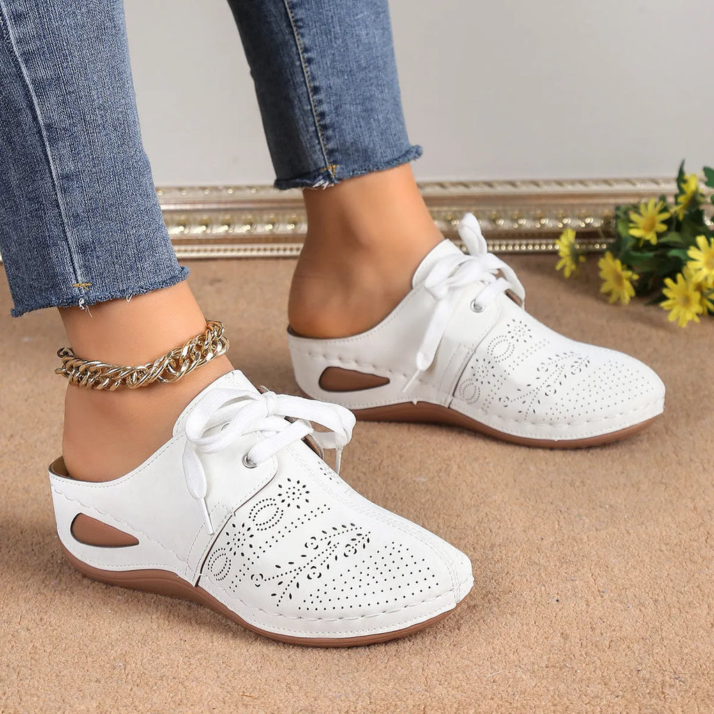 Women's lace-up baotou slippers with hollow-out wedge design in suede and rubber materials