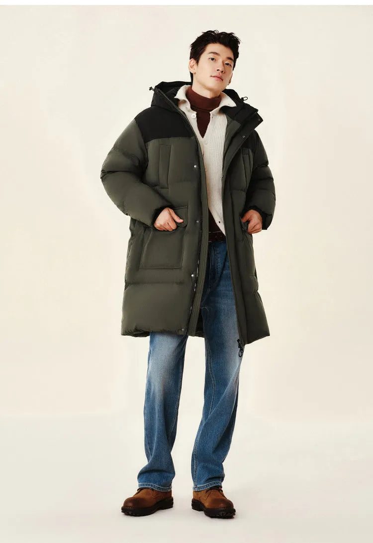 Long waterproof winter coat in army green with duck down filling, front view