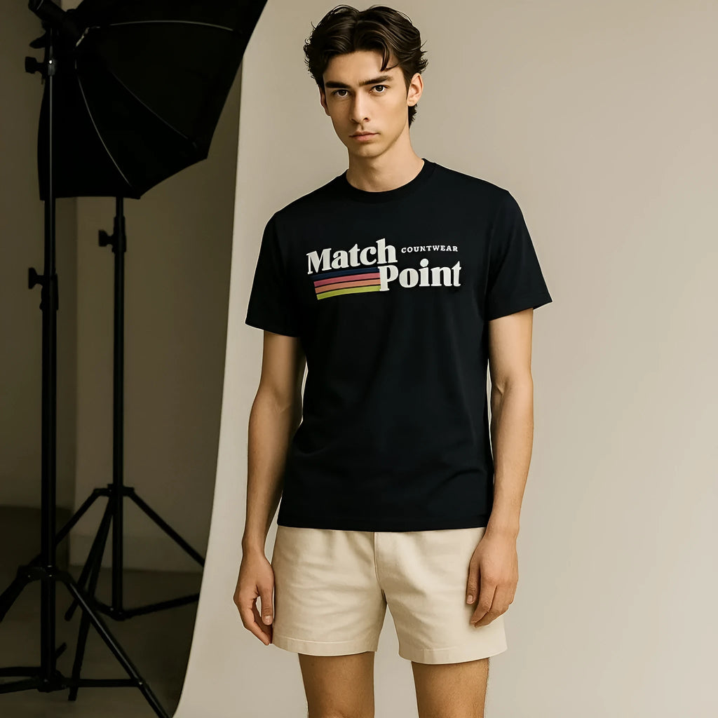 Black men's t-shirt with a digital printed text pattern, showing short sleeves and a round neck.